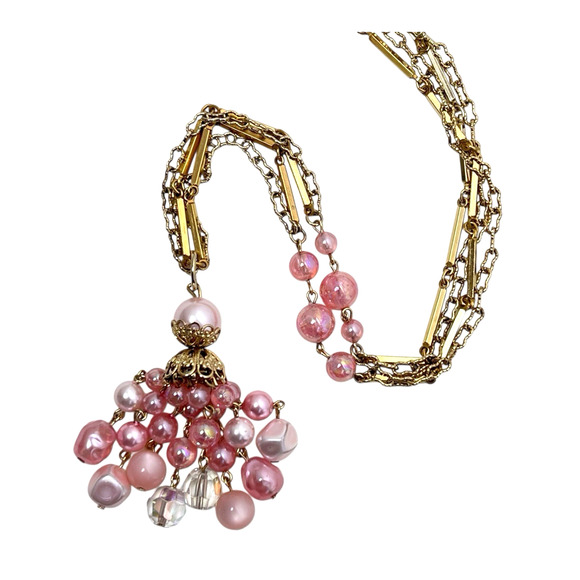 Coro Tassel Necklace Pink Dangle Beads Bar Links Gold Tone 27" Soft Boho Vtg - Picture 8 of 13